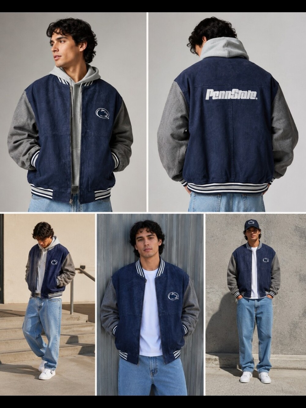 Penn State Vintage Leather  Mens Navy & Gray Varsity Jacket Y2K Streetwear